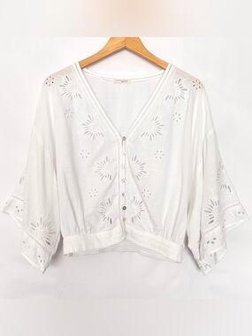 Lovestitch Floral Eyelet Top Wide Half Sleeve Boho Sheer Summer Size Small White